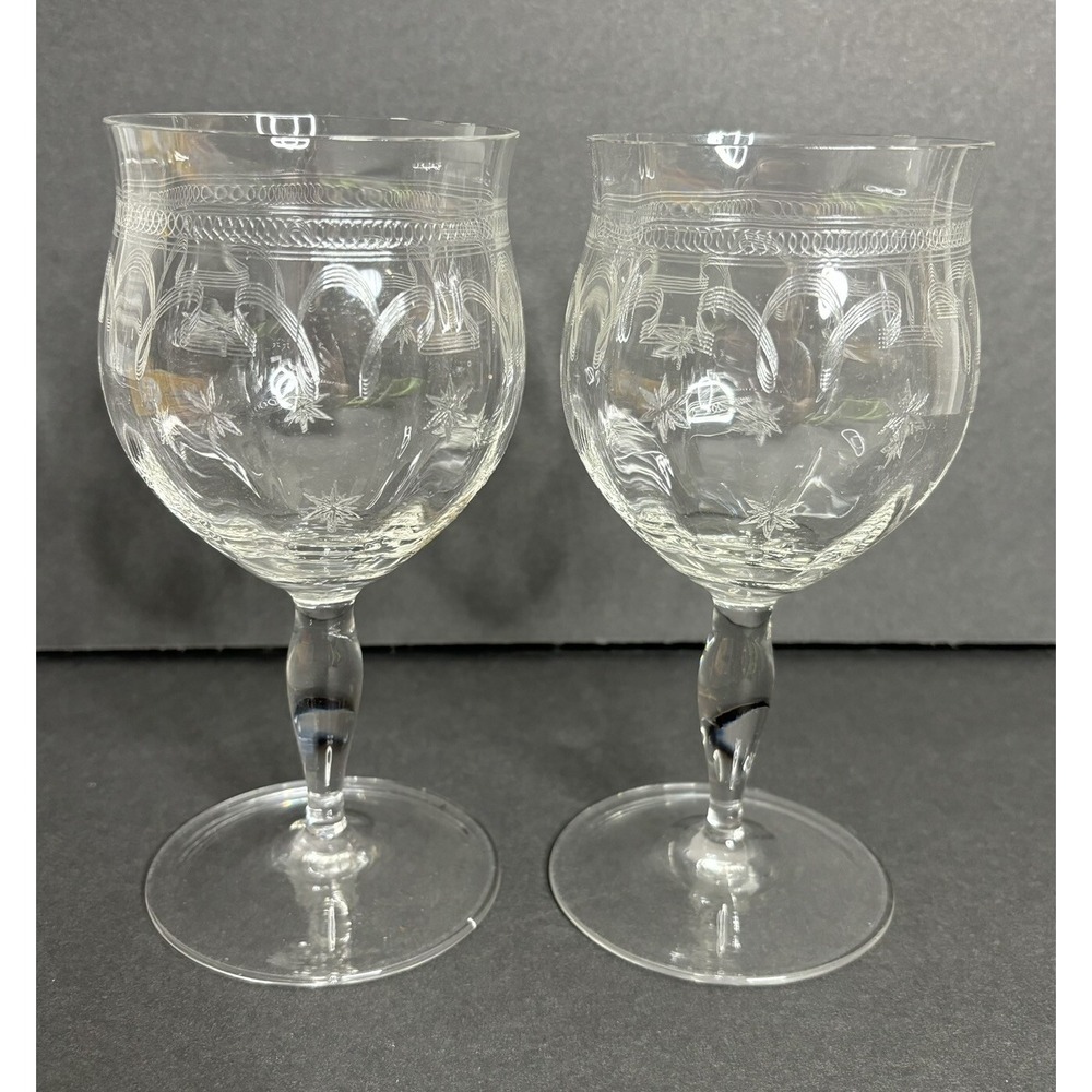 2 Franciscan Tiffin Needle Etch Wine Glasses Optic Chain Stars & Stripes Design - Picture 1 of 7